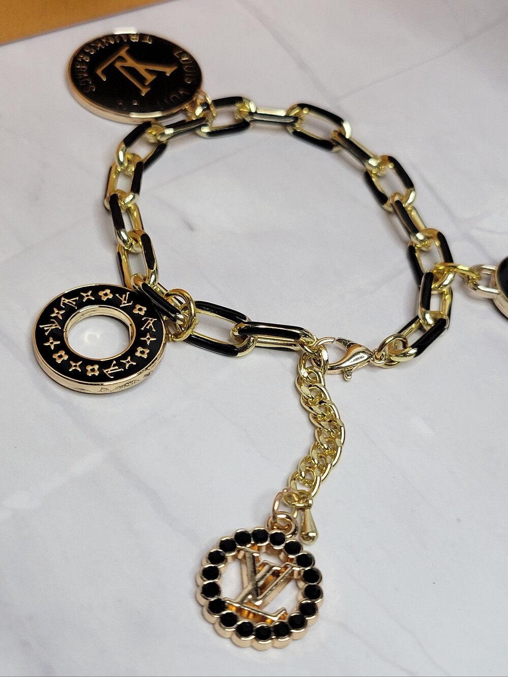 Louis Vuitton Gold/black Trunks&Bags Charms, Adjustable Bracelet, New - Picture 4 of 4